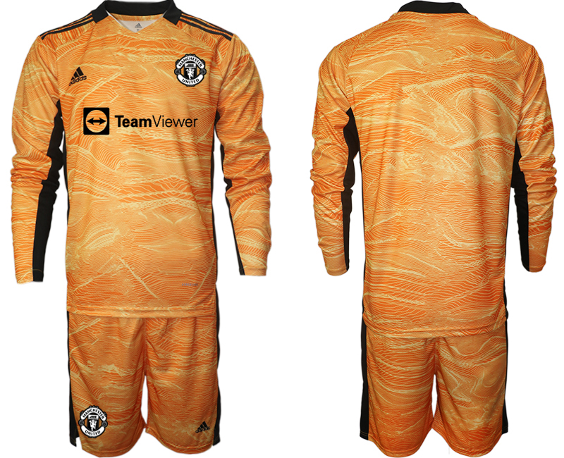 Men 2021-2022 Club Manchester United orange yellow goalkeeper Long Sleeve blank Soccer Jersey